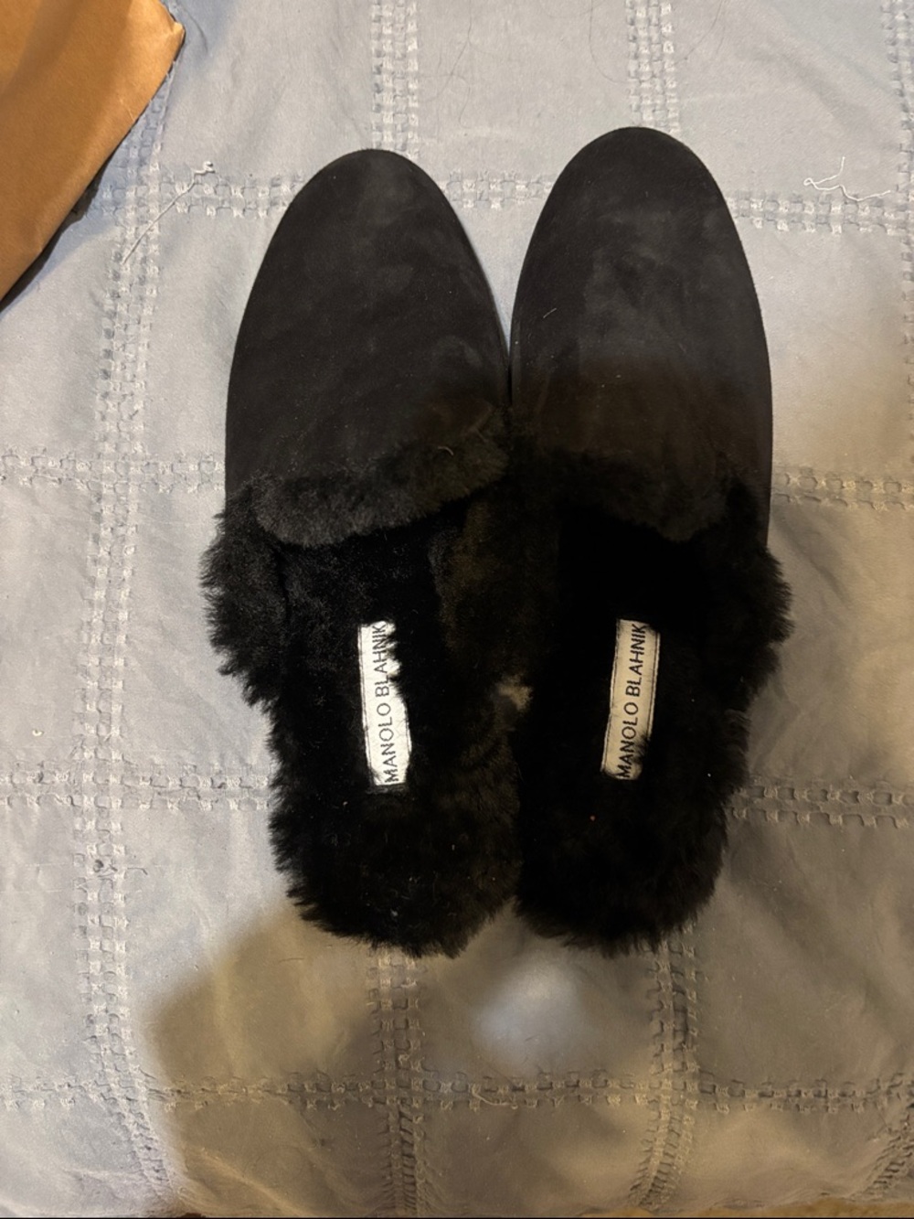 Manolo Blahnik Black Suede Fur-Trim Slide Slippers